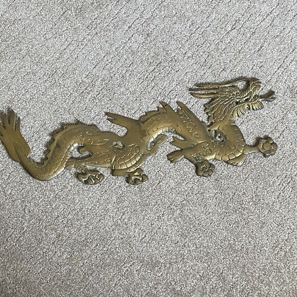 Vintage Brass Wall Hanging Dragon Figure 7”22” Long mid centry modern - Picture 1 of 9